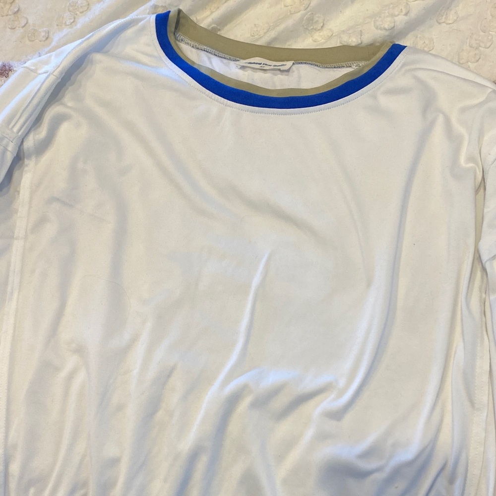 White T-Shirt with Blue and Tan Accents